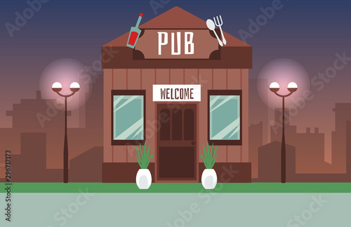 Old style pub on night modern cityscape background, flat vector illustration.