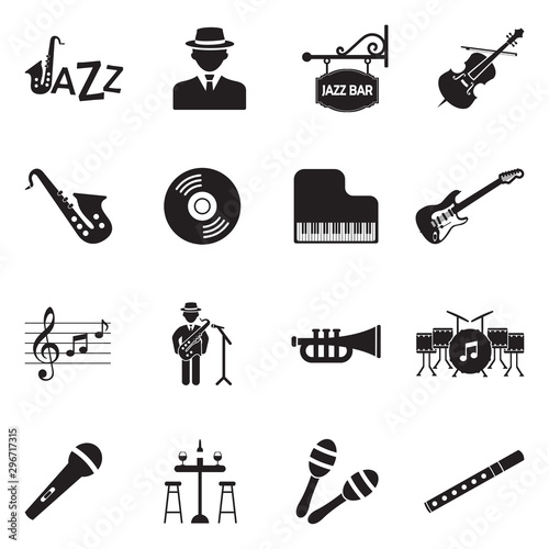 Jazz Icons. Black Flat Design. Vector Illustration.