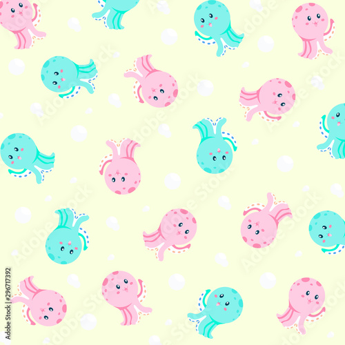 Vector pattern with cute kawaii octopus baby. Pattern elements rotated in torn sides. One pink octopus and one blue octopus.  Soap bubbles between octopus. Pattern on a yellow background.
