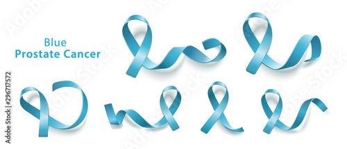 Set of blue curly ribbons and loops realistic style