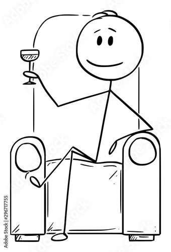 Vector cartoon stick figure drawing conceptual illustration of successful man or businessman or gentleman sitting in chair or armchair with drinking glass in hand.