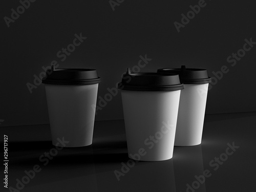 3d model of paper cups on the plane under natural light. Black background. 3d renderer.