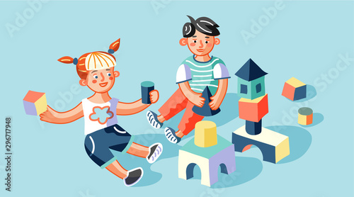 Children playing toys flat illustration