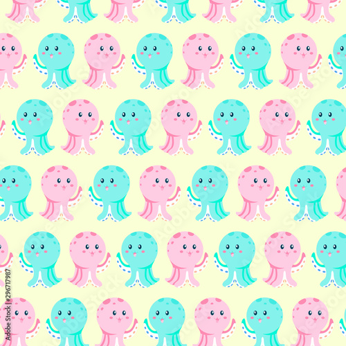 Fototapeta Naklejka Na Ścianę i Meble -  Vector pattern with cute kawaii octopus kids. Cartoon octopuses face each other and wave their tentacles. One pink octopus and one blue octopus. Pattern on a yellow background.