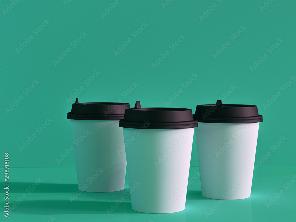 3d model of paper cups on the plane under natural light. Turquoise ...