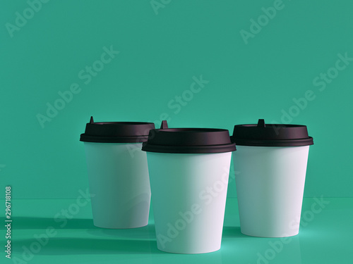 3d model of paper cups on the plane under natural light. Turquoise background. 3d renderer.
