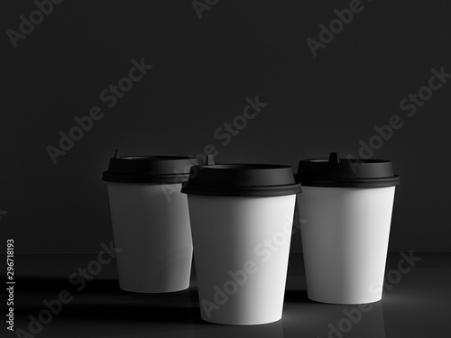 3d model of paper cups on the plane under natural light. Black background. 3d renderer.