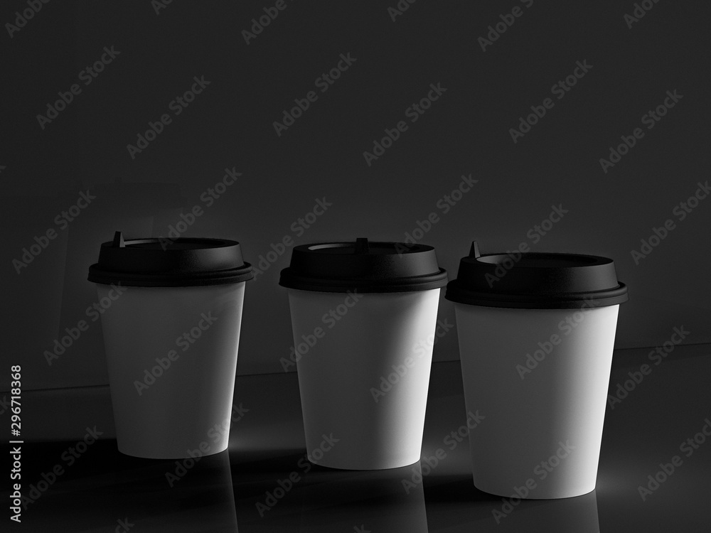 3d model of paper cups on the plane under natural light. Black background. 3d renderer. 3d model of paper cups on the plane under natural light. Black background. 3d renderer.