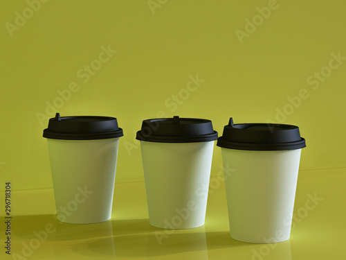 3d model of paper cups on the plane under natural light. Green background. 3d renderer.