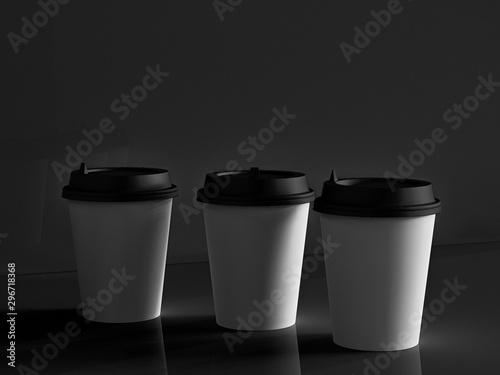 3d model of paper cups on the plane under natural light. Black background. 3d renderer.