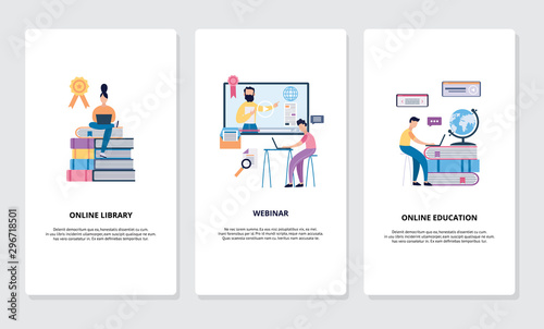 Set of online library, webinar and education concept cards flat vector illustrations isolated.