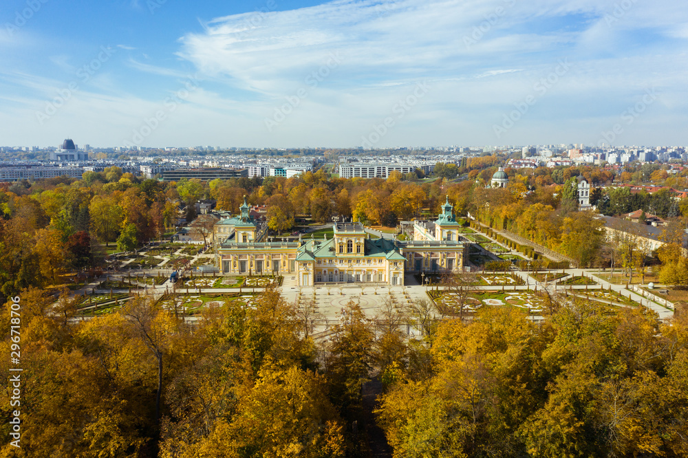 Aerial view of the beautiful royal palace in Warsaw. Poland. Royal Palace in Warsaw. Autumn sunny day.