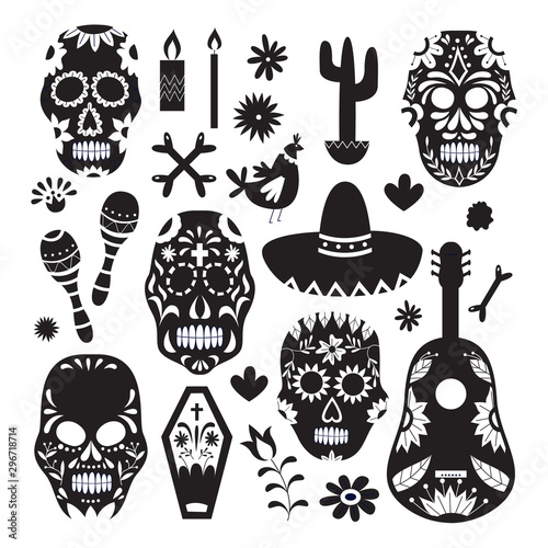 Seamless monochrome pattern for Dia de los Muertos with skulls vector illustration.