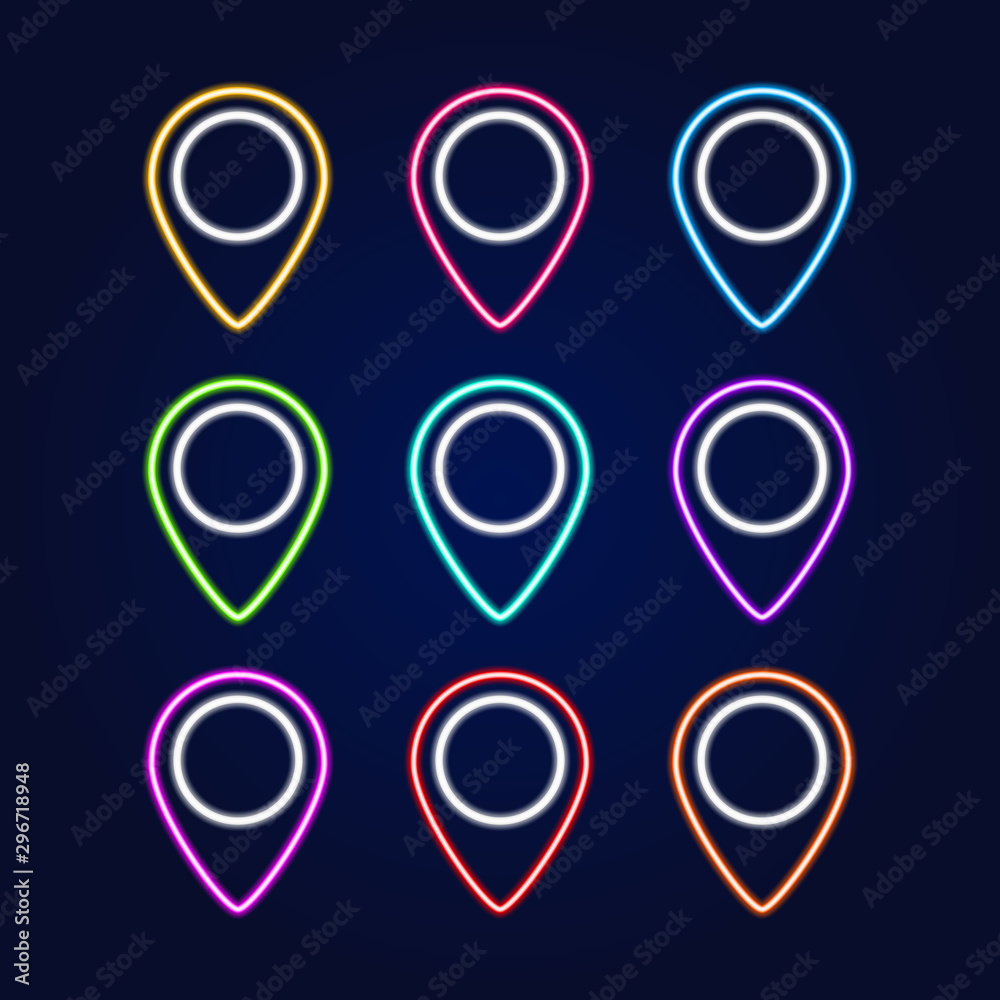 Vector set of realistic isolated neon sign of map pin for decoration and covering on the blue background. Concept of delivery, logistics and transportation. Vector set of realistic isolated neon sign of map pin for decoration and covering on the blue background. Concept of delivery, logistics and transportation.