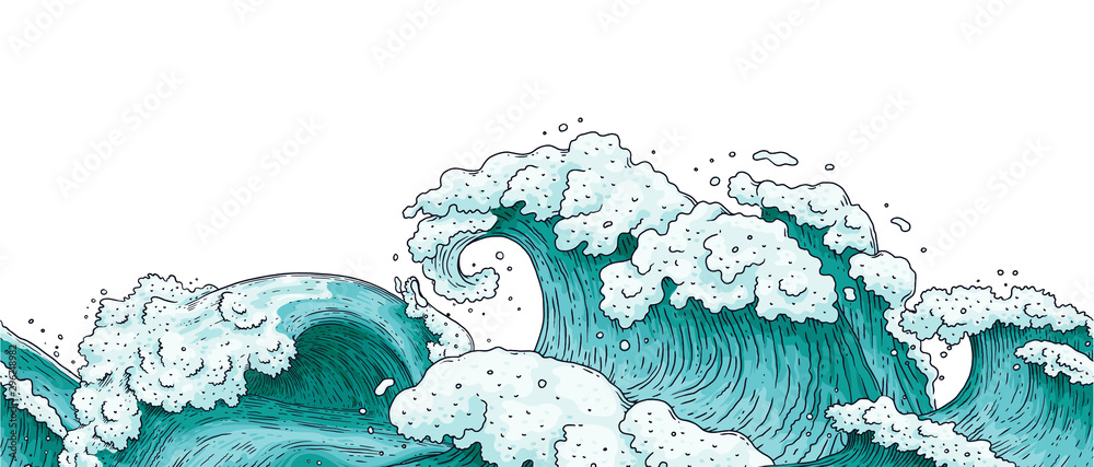 Seamless horizontal border with ocean water waves cartoon vector  illustration. Stock Vector | Adobe Stock
