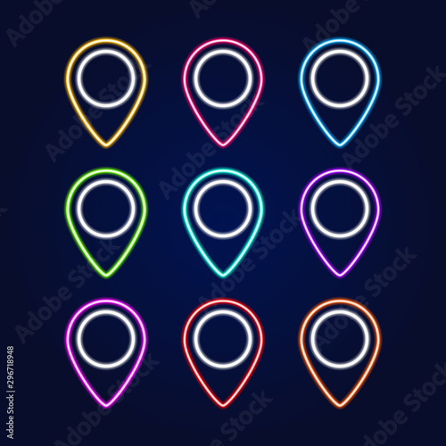 Vector set of realistic isolated neon sign of map pin for decoration and covering on the blue background. Concept of delivery, logistics and transportation.