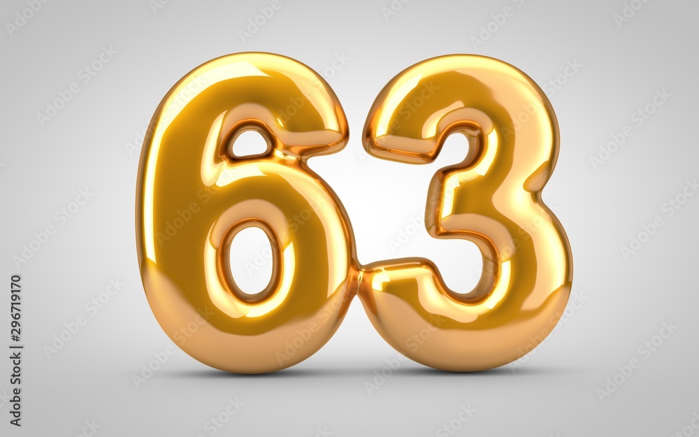 Golden metallic balloon number 63 isolated on white background. Golden metallic balloon number 63 isolated on white background.