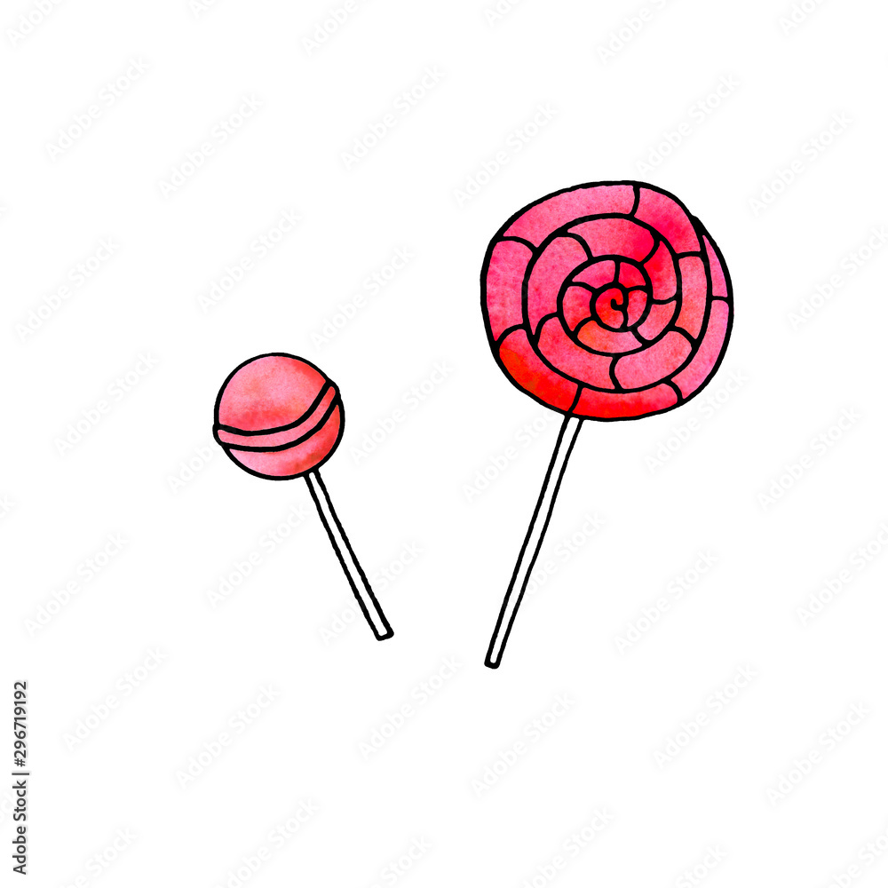 Watercolor candy cane, sweets, lollipop. New year Xmas holidays line art, doodle, sketch, hand drawn. Simple color illustration for greeting cards, invitation cards, calendars, prints, childrens book Watercolor candy cane, sweets, lollipop. New year Xmas holidays line art, doodle, sketch, hand drawn. Simple color illustration for greeting cards, invitation cards, calendars, prints, childrens book