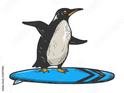 Penguin bird rides on surfboard sketch engraving vector illustration. T-shirt apparel print design. Scratch board style imitation. Black and white hand drawn image.