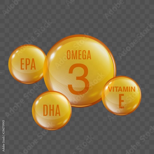 Omega 3 oil - round capsule sphere with small EPA, DHA and vitamin E spheres