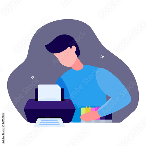 Man connects and sets up a continuous ink system to printer. He checks the correct operation of office equipment and monitors its condition. System administrator profession concept