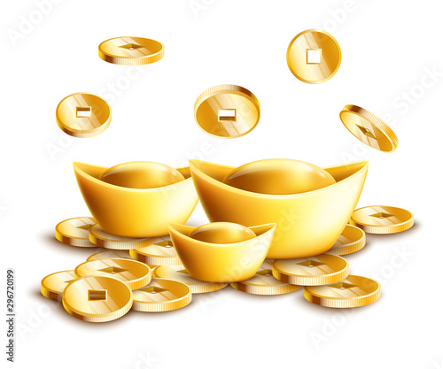 Chinese gold ingots and falling golden coins isolated on white background.