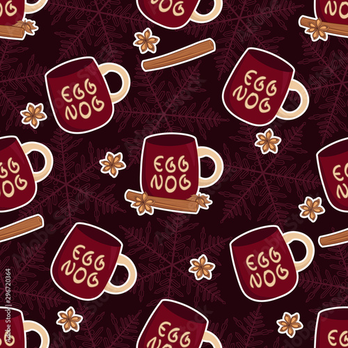 cute cartoon eggnog mug with cinnamon, new year and christmas seamless pattern, winter holidays decoration, wrapping paper on dark background, editable vector illustration