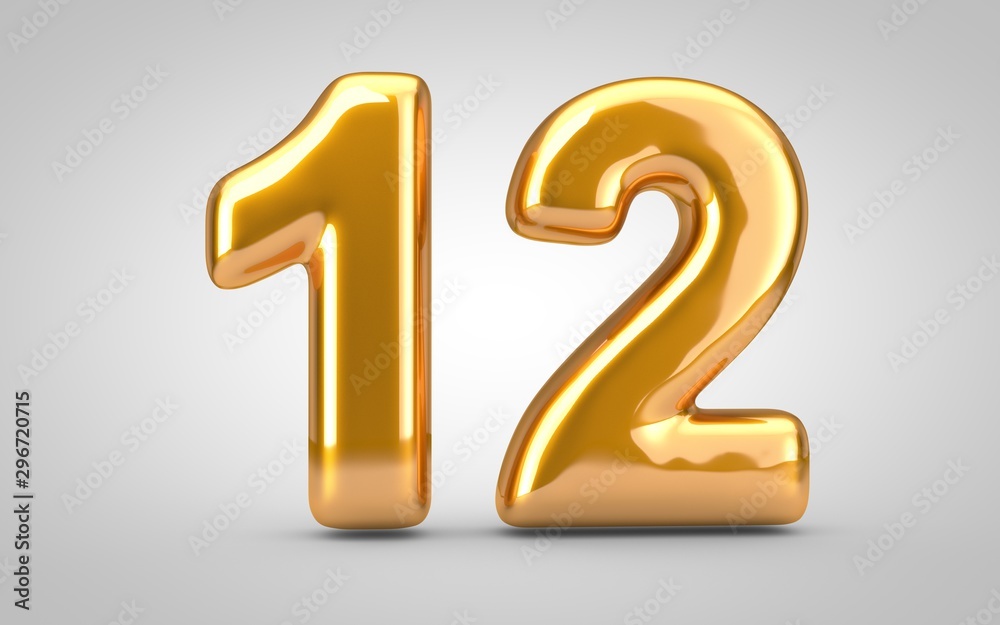 Golden metallic balloon number 12 isolated on white background. Golden metallic balloon number 12 isolated on white background.