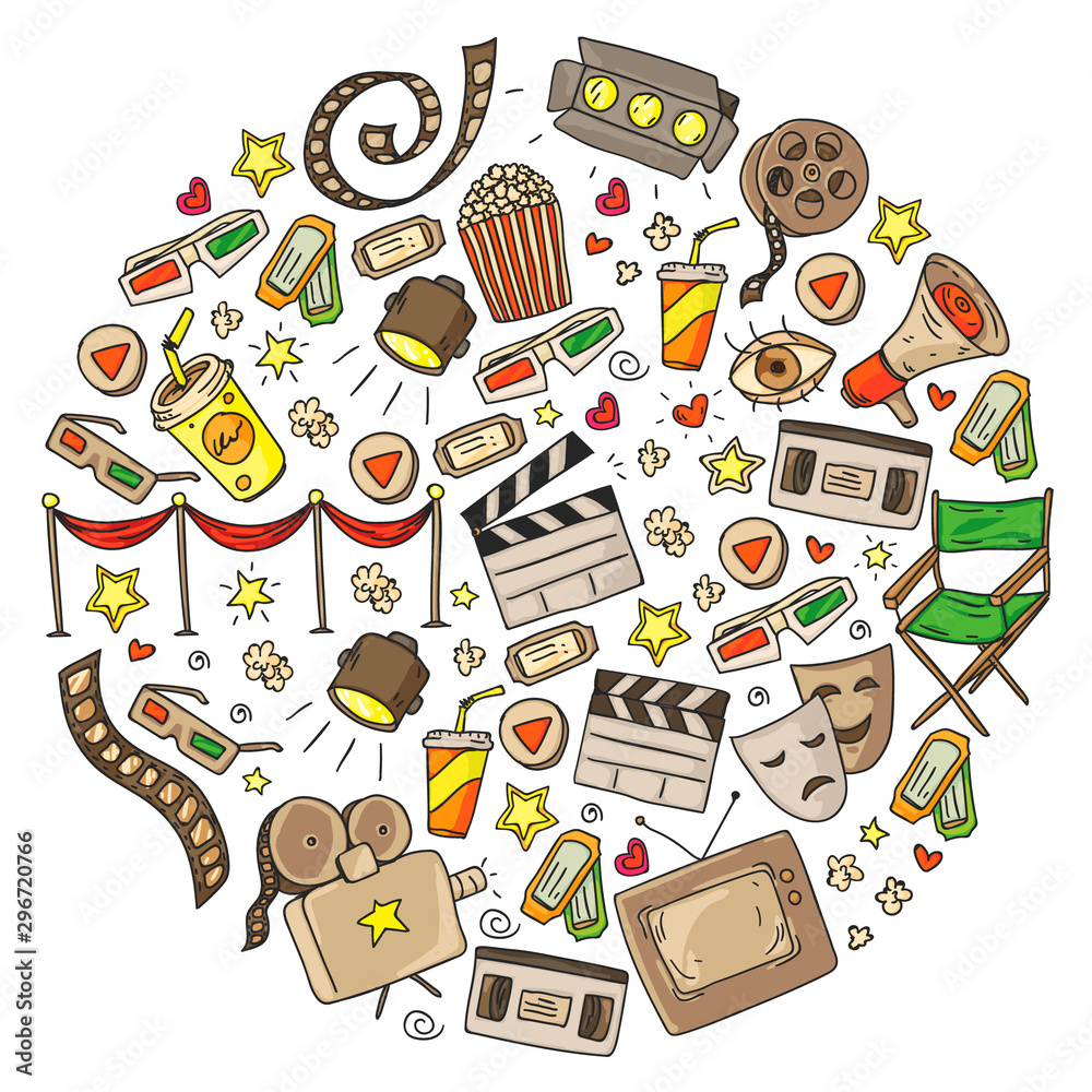 Cinema pattern with vector icons for wrapping paper, posters, backgrounds, tickets.