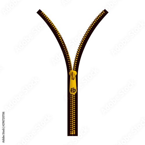 Black zipper fastener with golden teeth realistic vector illustration isolated.