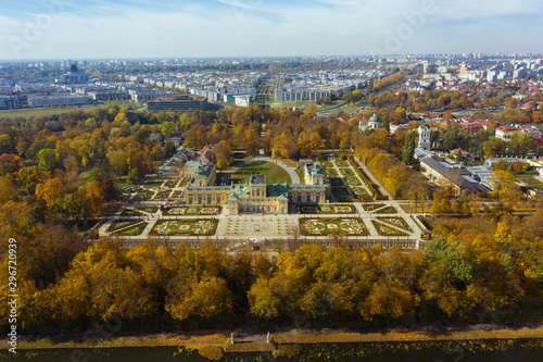 Royal Palace in Warsaw. Poland. 19. October. 2019. Aerial view of the beautiful royal palace in Warsaw. Autumn sunny day.