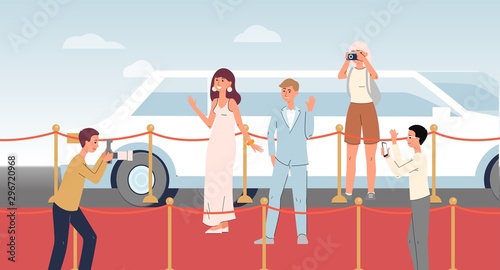 Celebrity people at red carpet event - flat cartoon banner
