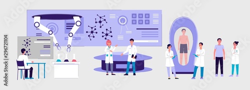 Futuristic science laboratory interior with cartoon people in medical uniform