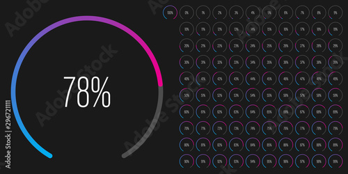 Set of circular sector percentage diagrams meters from 0 to 100 ready-to-use for web design, user interface UI or infographic - indicator with gradient from cyan blue to magenta hot pink
