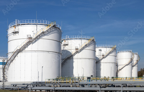 Oil storage tanks and pipes at the oil terminal 