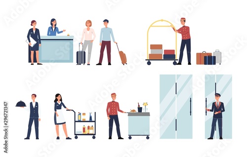 Hotel staff - isolated cartoon people set working at reception, food service, etc.