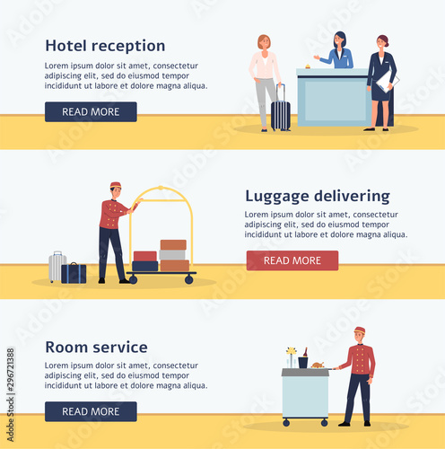 Hotel staff banner set - reception desk, luggage delivery man and room service cart