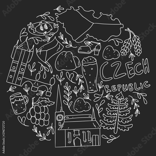 Vector icons and symbols. Czech Republic illustrations for banners, posters, background.