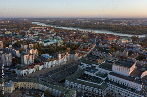 Warsaw, Poland city and old city at sunrise, aerial view.