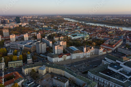 Panorama of the old city of Warsaw. Poland. Aerial view of the cityscape of the old city at sunrise. 