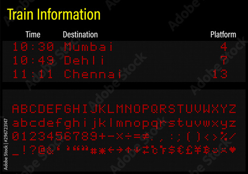LED electronics digital font, letters, numbers and symbols vector illustration for airport panel, train information and sport scoreboard - red font