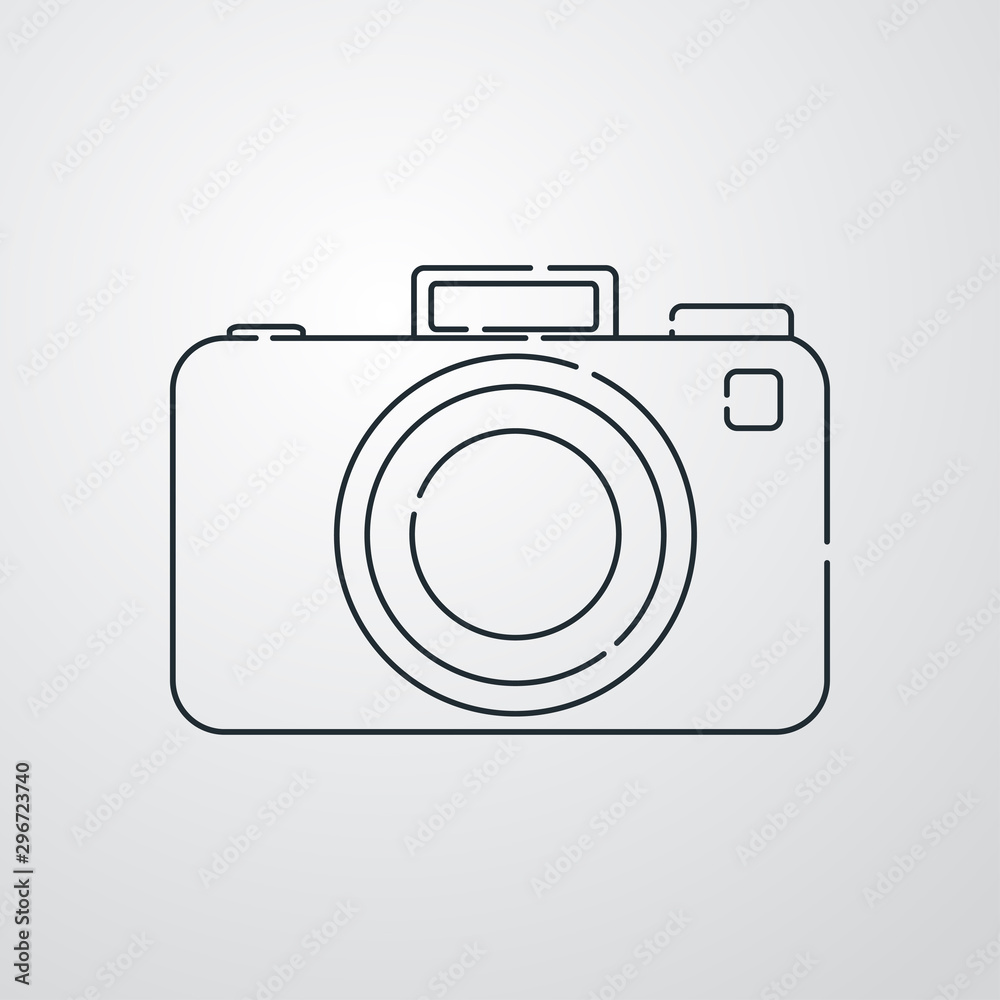 Icono plano lineal cámara fotos en fondo gris