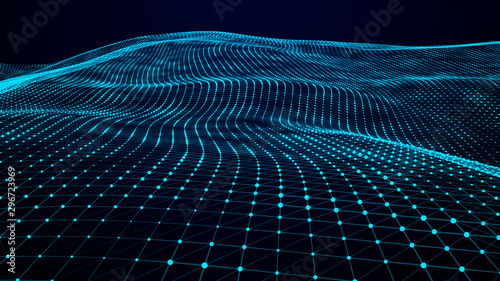 Technology wave of particles landscape beautiful wave shaped array of glowing dots abstract background with a lines dynamic wave big data. 3D rendering. 4k.