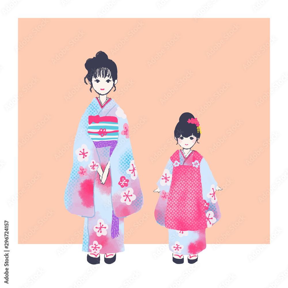 七五三着物姿の女の子姉妹の水彩タッチ手描きイラスト Stock Vector Adobe Stock