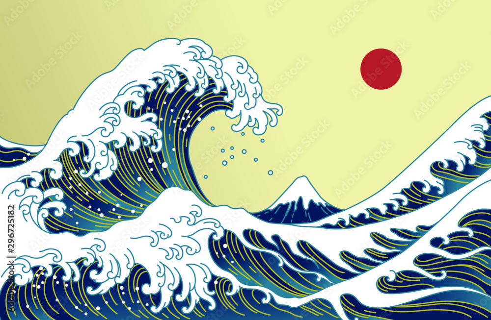Fototapeta Big Asian ocean wave, red sun and the mountain illustration. Golden color tones. Ocean of Kanagawa.