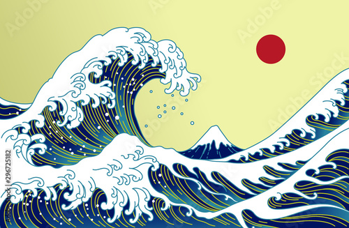 Big Asian ocean wave, red sun and the mountain illustration. Golden color ton...