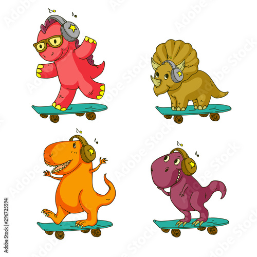 Fototapeta Naklejka Na Ścianę i Meble -  Cool dinosaur, dino listening music. Cartoon mascot for children, kids clothing. Fashionable illustration for t-shirt designs