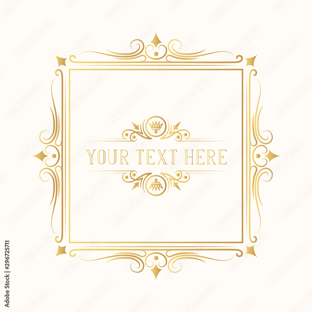 Golden filigree ornate frame for invitation card design. Hand drawn vintage elegant wedding gold border. Vector isolated antique ornament. Golden filigree ornate frame for invitation card design. Hand drawn vintage elegant wedding gold border. Vector isolated antique ornament.