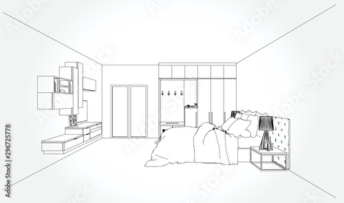Linear sketch of an interior. Living room plan. Sketch Line sofa set. Vector illustration.outline sketch drawing perspective of a interior space. © anon