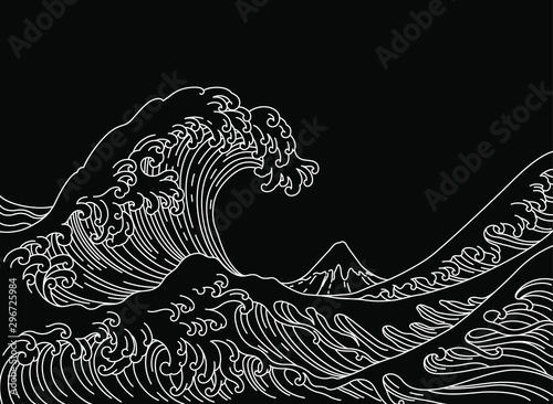 Big Asian ocean wave and the mountain illustration. Isolated on white background. Ocean of Kanagawa.Single line stroke.-Vector.